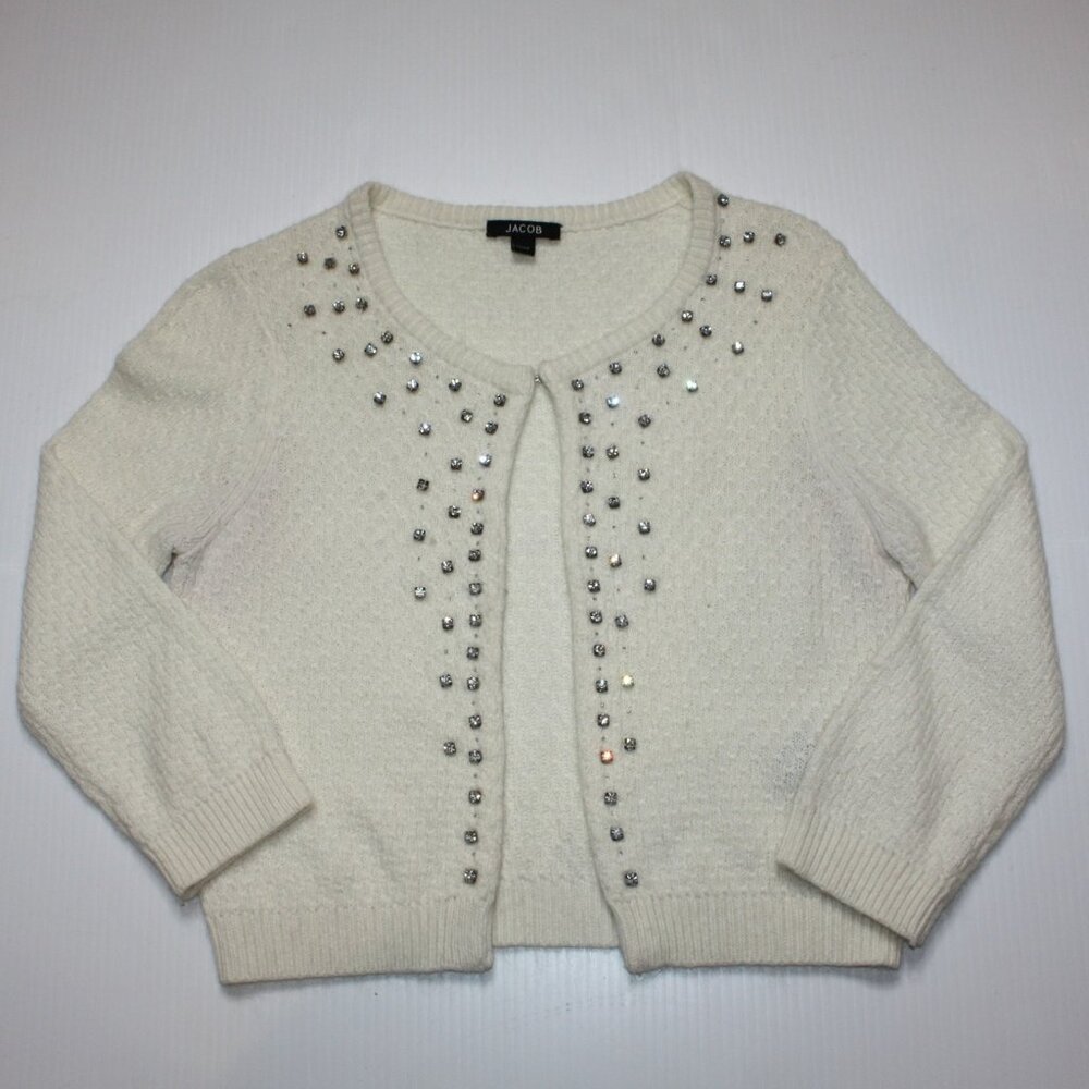 Jacob Women's White Textured Open Cardigan Sweater with Rhinestones in size M